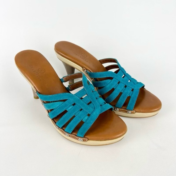 Cole Haan Blue Suede Strappy Platform Heeled Sandals 8 - Picture 1 of 16